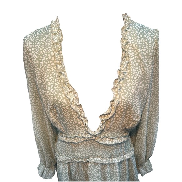 Sundress Women's Dress Large Green Ruffles White Print Open Back Long Sleeves - Picture 3 of 16